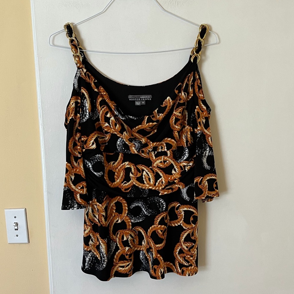 Boston Proper Black and Gold Chain Print Blouse